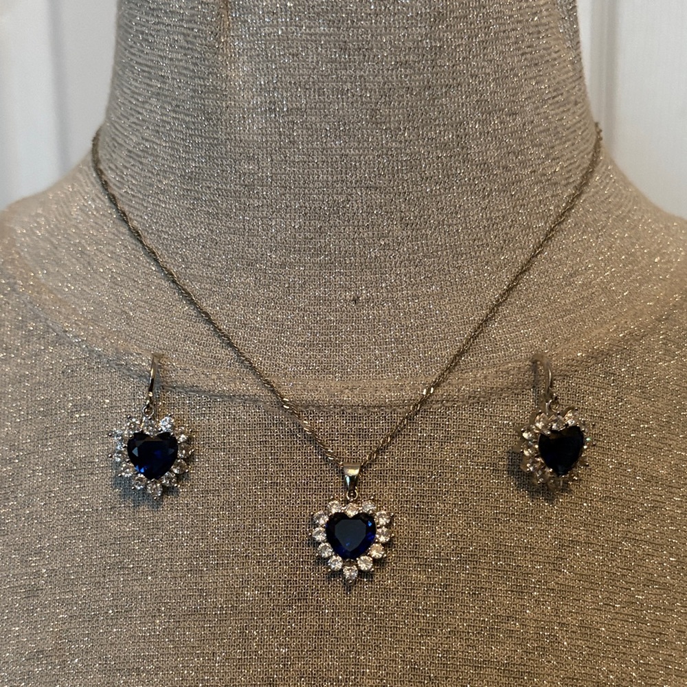 Sapphire Blue Heart Necklace and Earring Set 925 Sterling Silver Titanic Ocean